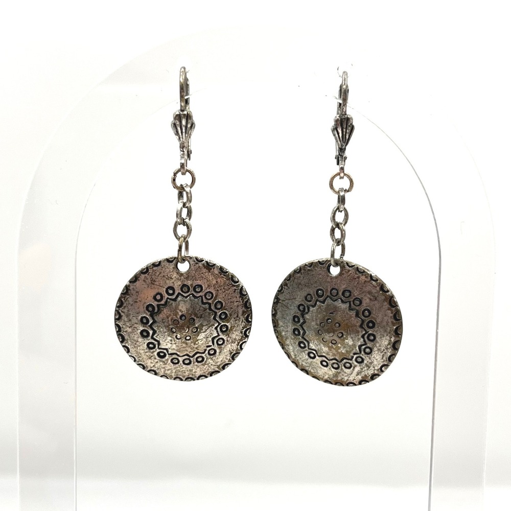 Vintage Style Silver Tone Stamped Medallion Dangle Earrings‎ Leverback Boho